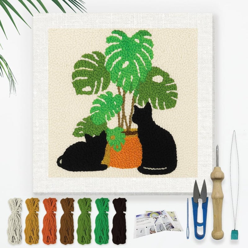 DOODLREAM Cat Monstera DIY Punch Needle Embroidery Kit for Adult Beginner, 9.4" Black Cat Potted Plant Punch Stitching Craft Set for Starter with Frame, Fabric Pattern, Threader, Yarn, Pinch Needle - Image 1